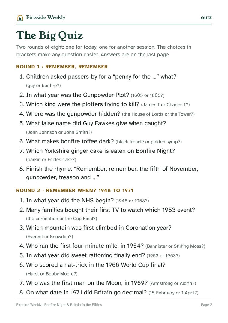 The Big Quiz page from the sample pack: two rounds of eight questions