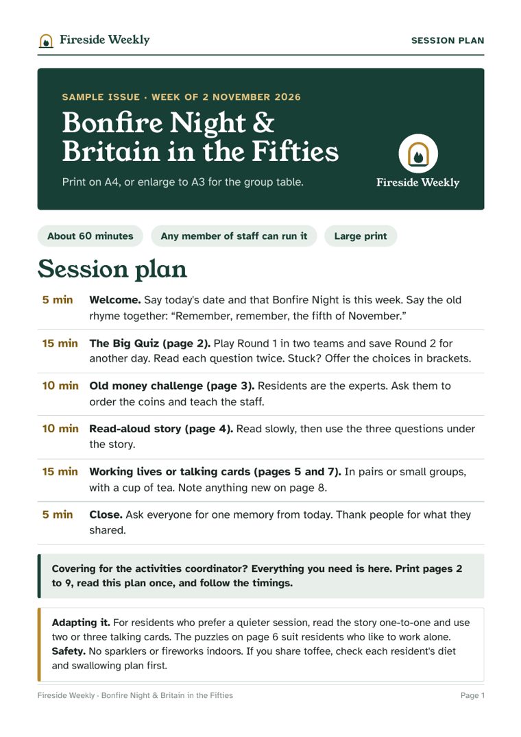 The session plan page from the sample pack, with timings for a 60-minute session